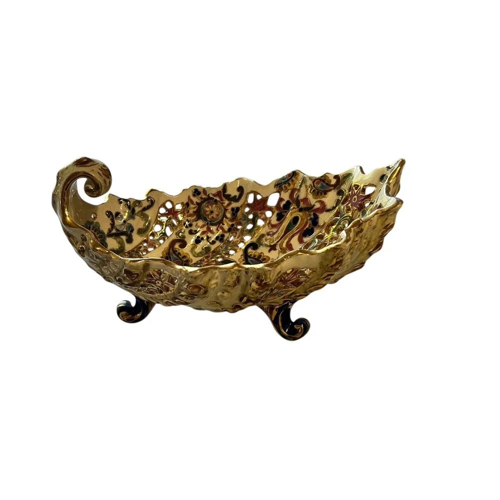 Budapest Fischer‎ Rare Ornate Gold Floral Pierced Footed Bowl